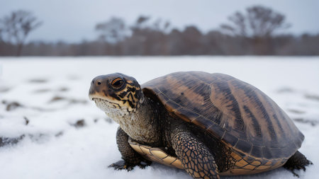 African spurred tortoise (Geochelone sulcata) in the snowの素材