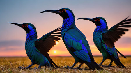 Group of Blue Bee-eater (Nymphalidae) at sunsetの素材