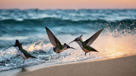 Two colibri hummingbirds in flight on the beach at sunsetの素材