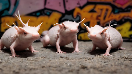Group of white albino rats with graffiti on the wall.の素材