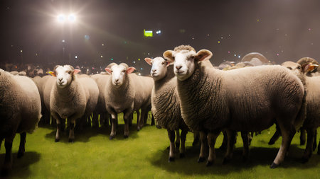 Flock of sheep in a meadow at night with lights.の素材