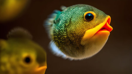 Close-up of a yellow and green tropical fish on a dark backgroundの素材