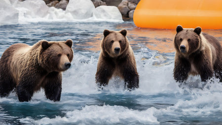 Grizzly bears in the water. Wildlife scene from nature.の素材