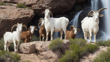 mountain goats in front of a waterfall in the desert of Arizonaの素材