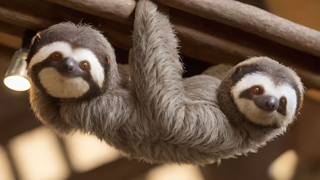 Two cute sloth hanging on a tree branch in the zoo.の素材