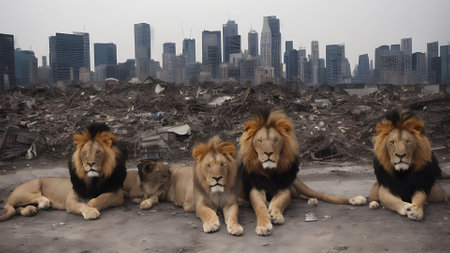 Lions in the ruins of a burnt city. The concept of the destruction of the city.の素材