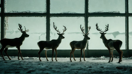 Silhouettes of deers standing in front of a large windowの素材