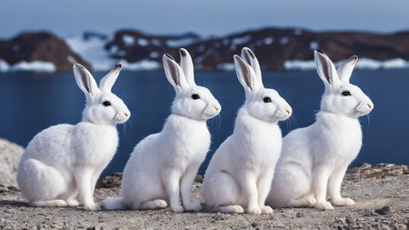Three white rabbits sitting on a rock by the sea in Iceland.の素材