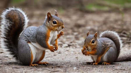 Two squirrels on the ground in the park, close-upの素材