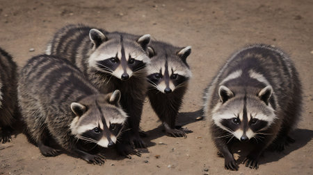 Group of raccoons standing in the sand looking at the cameraの素材