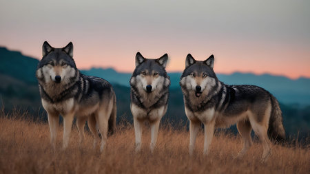 Three wolves standing in the grass and looking at the camera at sunsetの素材