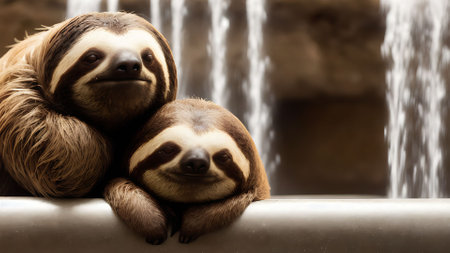 Two cute sloths resting in front of a waterfall in a zooの素材
