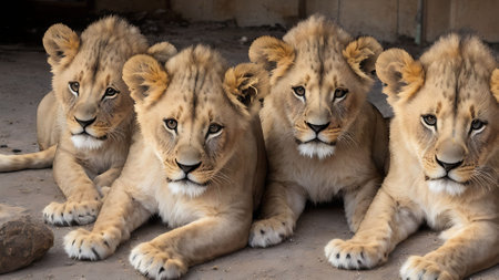 Three lion cubs lying on the ground looking at the camera.の素材