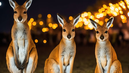 Kangaroos in the park at night with bokeh backgroundの素材