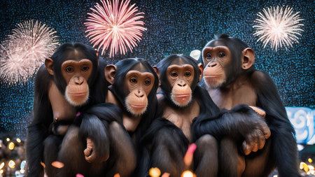 Group of monkeys sitting in front of fireworks and celebrating New Year.の素材