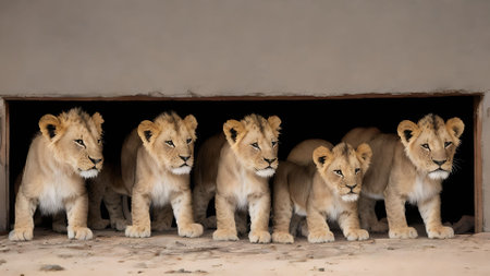 group of lion cubs looking out of a hole in the wallの素材