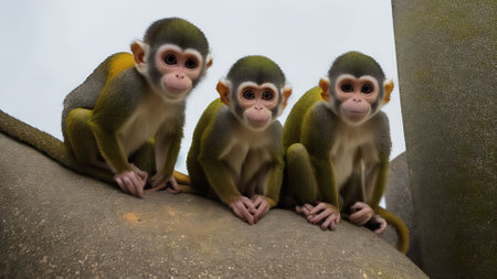 Monkey family sitting on a rock in the rainforest of Thailandの素材
