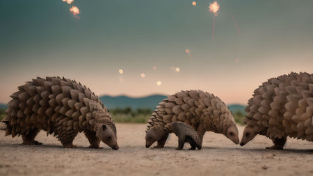 Cute little hedgehogs and firecrackers in the desertの素材
