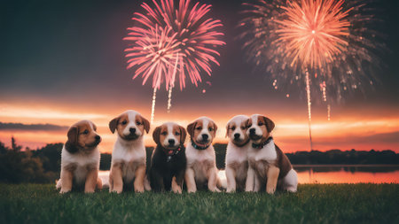 four beagle dogs sitting on green grass with fireworks in the backgroundの素材
