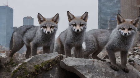 A group of grey foxes standing on a rock in the cityの素材