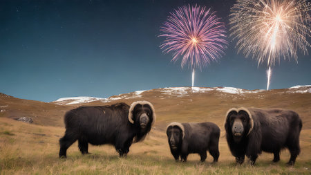 Yak and fireworks on the background of the snowy mountains. 3d renderingの素材