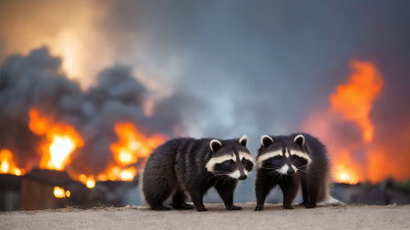 Three raccoons in front of a burning house. Fire in the background.の素材