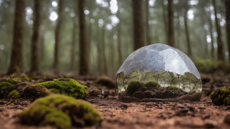 Crystal ball in the forest with moss and fog. 3D renderingの素材