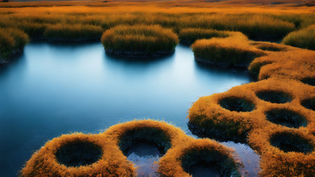 Sunset in the meadow with grass and pond. 3d renderの素材