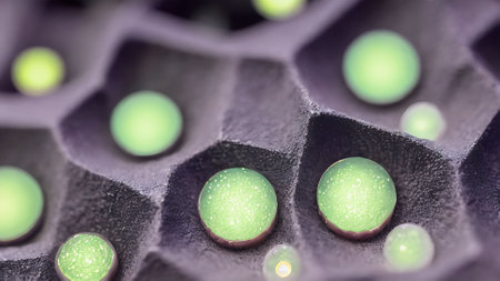 Close-up of green light spots on a black leather bag.の素材
