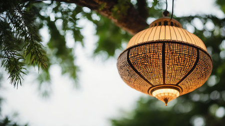 Vintage lamp hanging on the tree in the garden, stock photoの素材