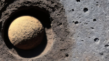 Close-up of a stone wall with a hole in it.の素材