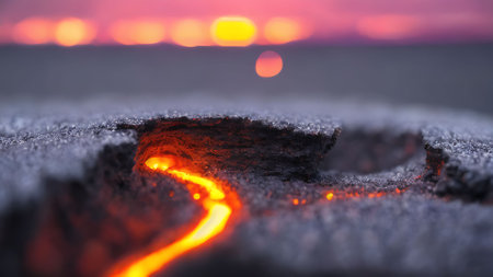 Lava flows through the hole in the ground at sunset. Selective focus.の素材