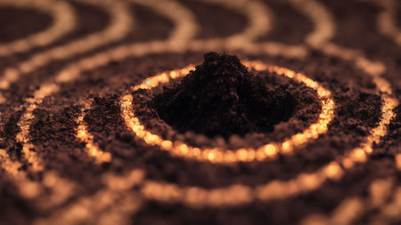 Close-up of a circle made of sand with fire in itの素材