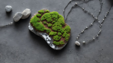 Green tree on stone with white beads on gray background. 3d renderingの素材