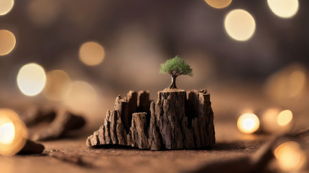 Small tree growing on a piece of wood with bokeh backgroundの素材