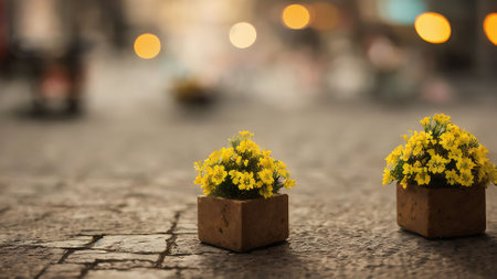 Small yellow flowers in a pot on the street. Selective focus.の素材