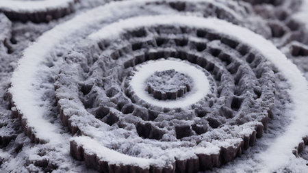 Close up view of a snow-covered metal gear wheel in winterの素材