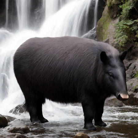 Black bear in the forest near a waterfall. Wildlife scene from nature.の素材