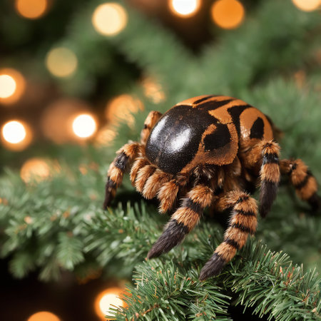 Tarantula spider on christmas tree with bokeh backgroundの素材