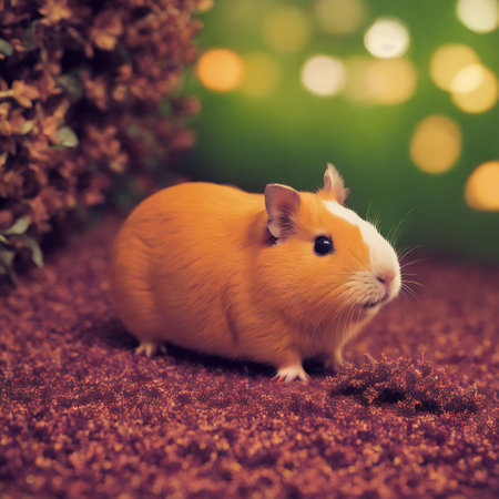 Cute pet guinea pig on christmas background with bokehの素材