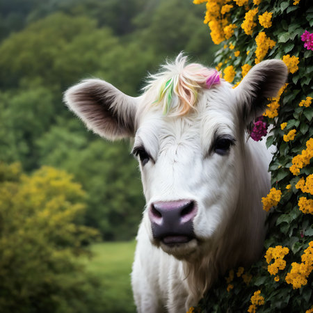 Portrait of a white cow in a meadow with yellow flowersの素材