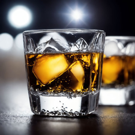 Glass of whiskey with ice cubes on a dark background. Toned.の素材