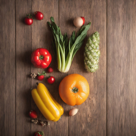 Fresh vegetables on wooden background. Healthy food concept. Top view.の素材