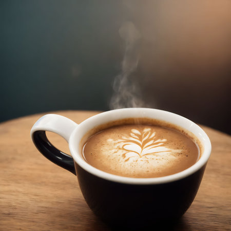 Coffee cup on wooden table in coffee shop, stock photoの素材