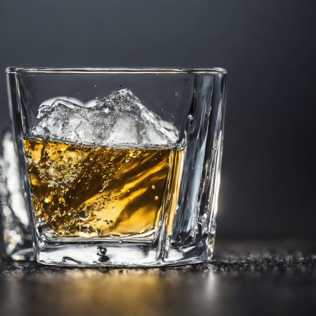 Whiskey in a glass with ice cubes on a black backgroundの素材