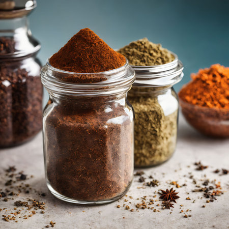 Spices and herbs in glass jars on a gray background. Selective focus.の素材