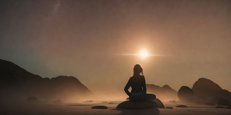 Woman meditating on a rock at sunrise. 3d rendering.の素材