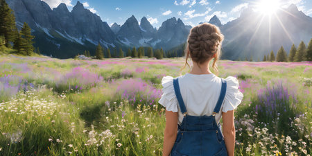 Rear view of a young woman with a backpack standing on a meadow with flowers and mountains in the backgroundの素材