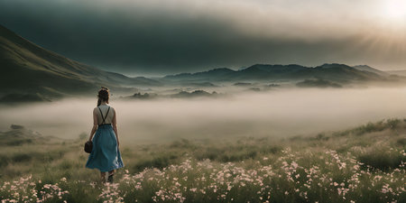Young woman walking in the meadow with wildflowers at sunsetの素材