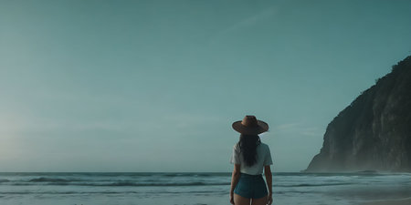 Young woman with hat standing on the beach and looking at the seaの素材